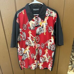Johnny Suede Shirt Mens M Black Red Casual Button Down Motorcycles Biker Girls